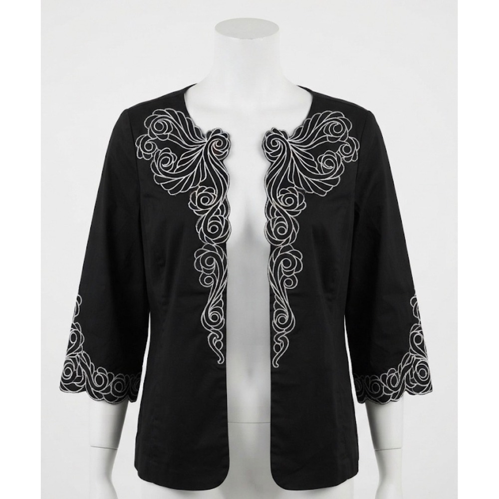 Bob Mackie Wearable Art Black Jacket‎ Size L Embroidered Scrollwork Open Front